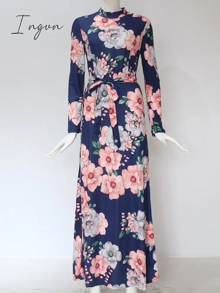 Ingvn - Women Summer Long Dress Casual Long Sleeve Boho Floral Print Maxi Dress Turtleneck Bandage Elegant Party Dresses Vestidos