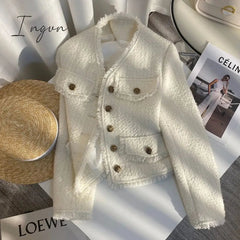 Ingvn - Korean Fashion Tassel Tweed Coat Women Spring Fall V-Neck Vintage Jacket 2023 French Style Black White Single Breasted Outwear