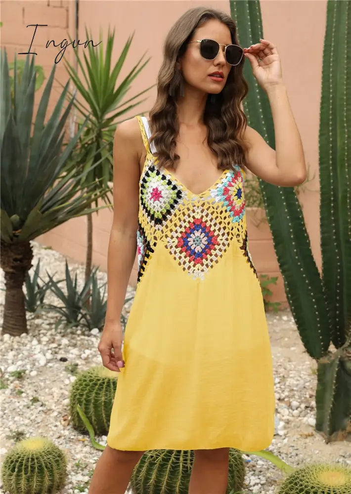 Ingvn - Crochet Beach Cover-ups Summer Tunic Cover Up saida de praia Knitted Swimsuit Ups for Women Vestido Playa Mujer White Dress