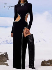 Ingvn - New Style Women's Sexy O Neck Cutout Black Beaded Long Bodyband Dress Elegant Celebrity Party Dress