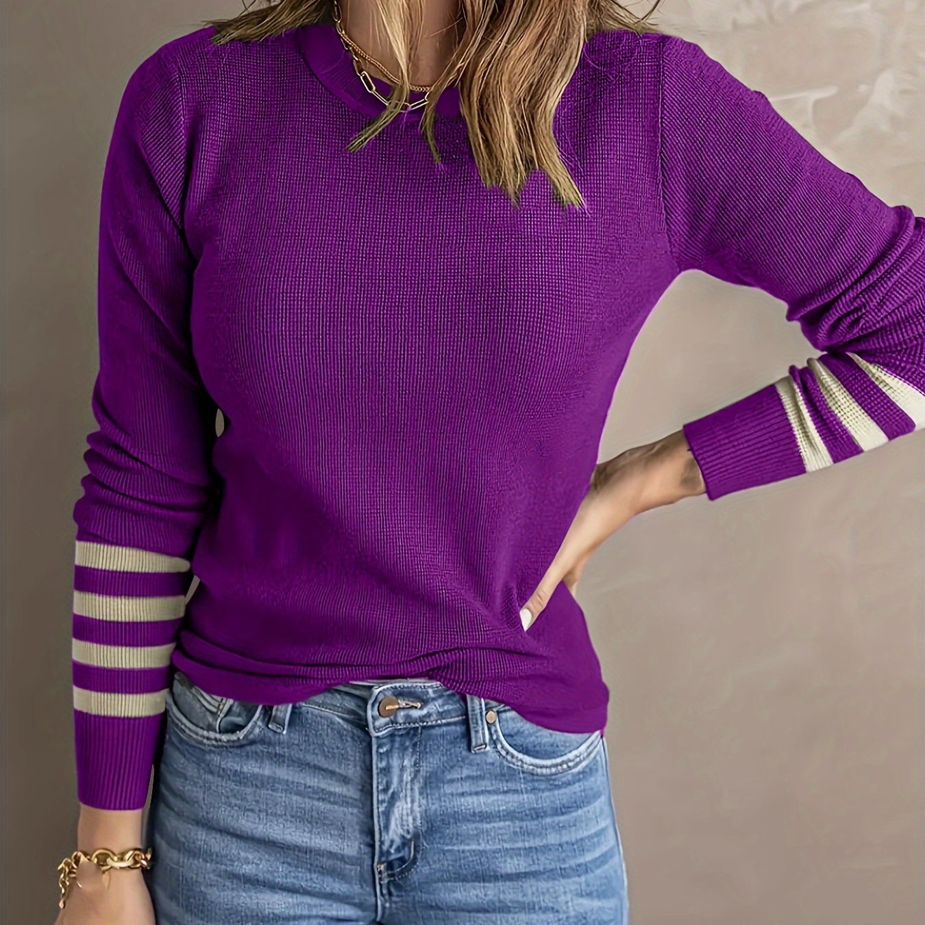 Stylish Color Block Crew Neck Sweater - Soft, Cozy, and Elegant Long Sleeve Winter Knitwear for Women - Perfect for Fall and Winter Fashion, Casual Daily Wear, and Outdoor Activities