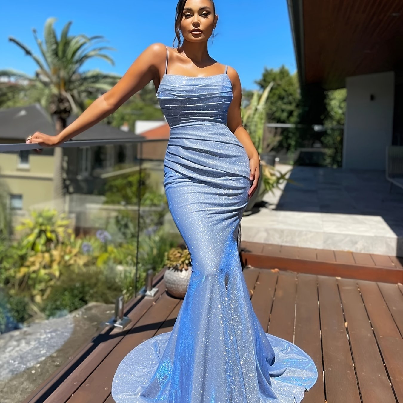 Glitter Sequin Slip Sleeveless Backless Maxi Dress, Slim Elegant Ruffled Cocktail Party Guest Evening Gown Mermaid Dress, Women's Clothing