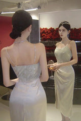 Elegant Shiny Spaghetti Strap Satin Midi Dresses for Women Summer Sexy Fashion Split Bodycon Evening Party Prom Female Clothing