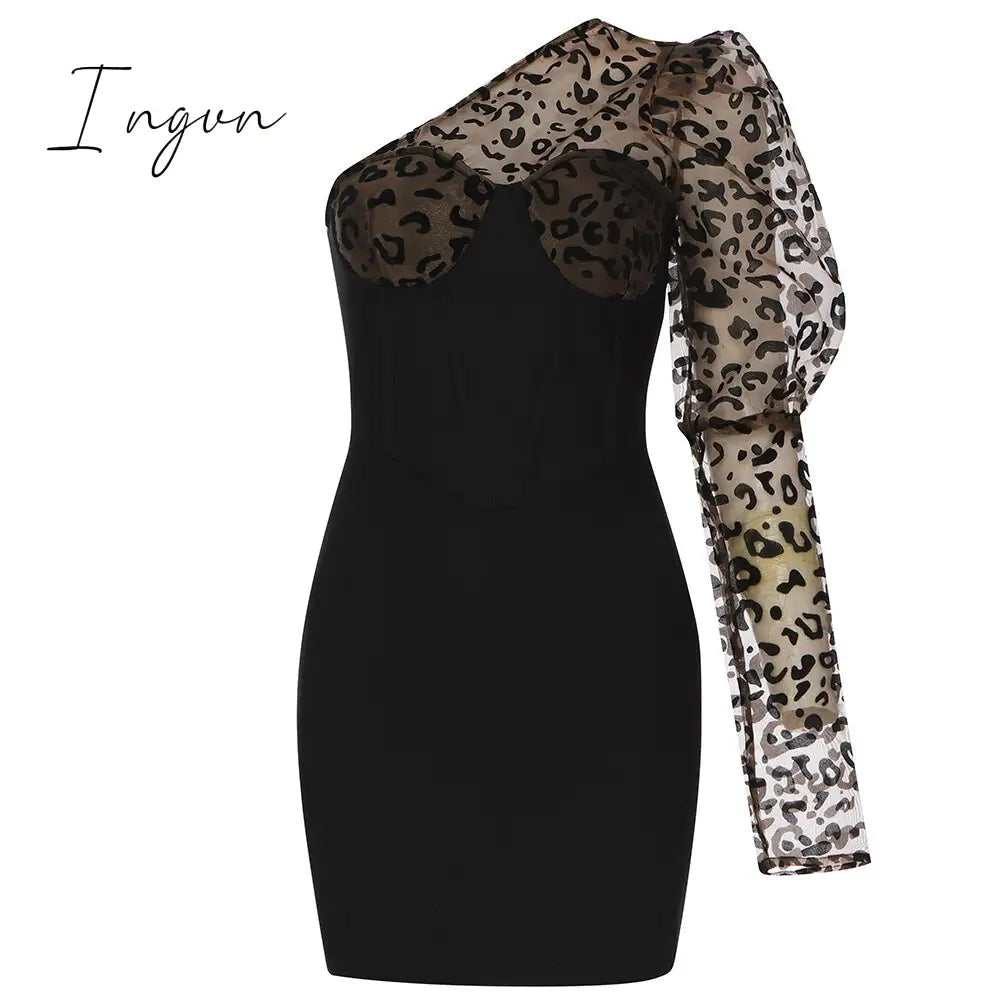 Ingvn - Sexy One-shoulder Leopard Print Women Dress Patchwork Mesh Backless Bandage Dress Women Summer Slim Party Clubwear