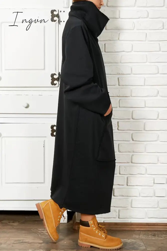 Ingvn - Casual Solid Pocket Turtleneck Long Sleeve Dresses