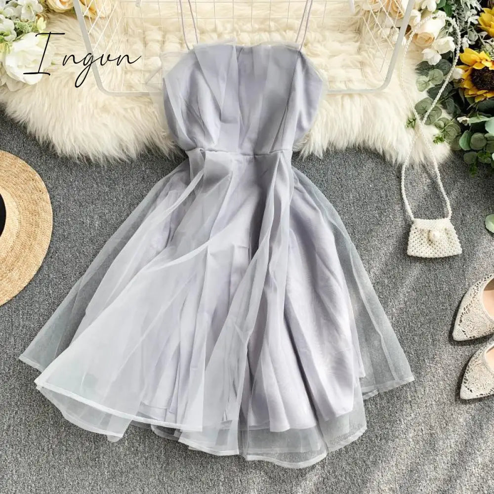 Ingvn - Spring Outfits Summer Spaghetti Strap High Waist Sleeveless Mini Chiffon Elegant Women Lady Female Dress