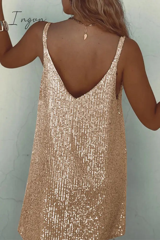Ingvn - Sexy Solid Sequins V Neck Sling Dress Dresses