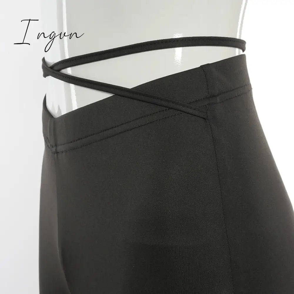 Ingvn - Fashion Trends Cyber Y2k Flare Pants E Girl Style Sexy Strechy Trousers Women Lace Up V Waist Low Rise Harajuku Black Pants C85-BB22