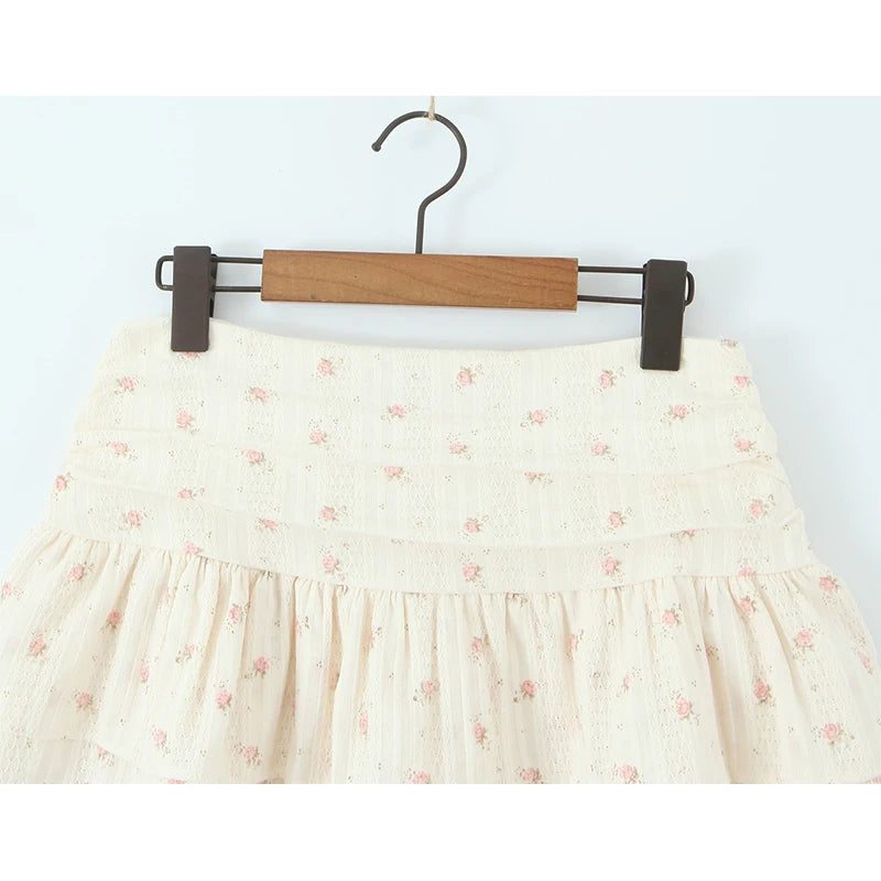Sweet Girl Floral Print Layer Cake Mini Skirt Women Pleated Sexy Low Waist A-line Holiday Summer Skirts