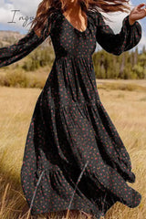 Ingvn - Elegant Floral Patchwork V Neck Printed Dress Dresses