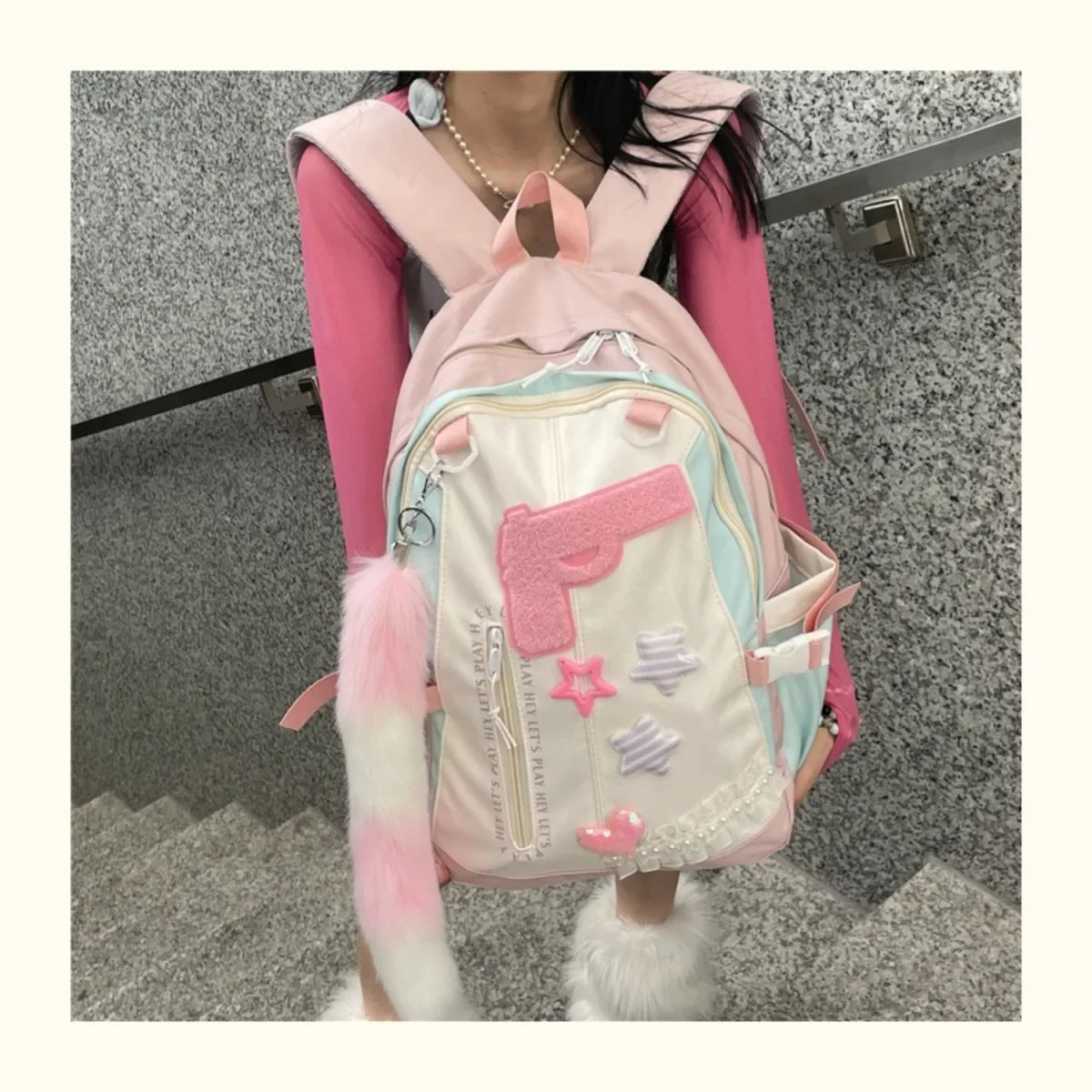 Ingvn  Y2k Japanese Original Pink Girl Pistol Star Backpack Personalized High Capacity College Schoolbags Sweet Cool Girl Shoulder Bag