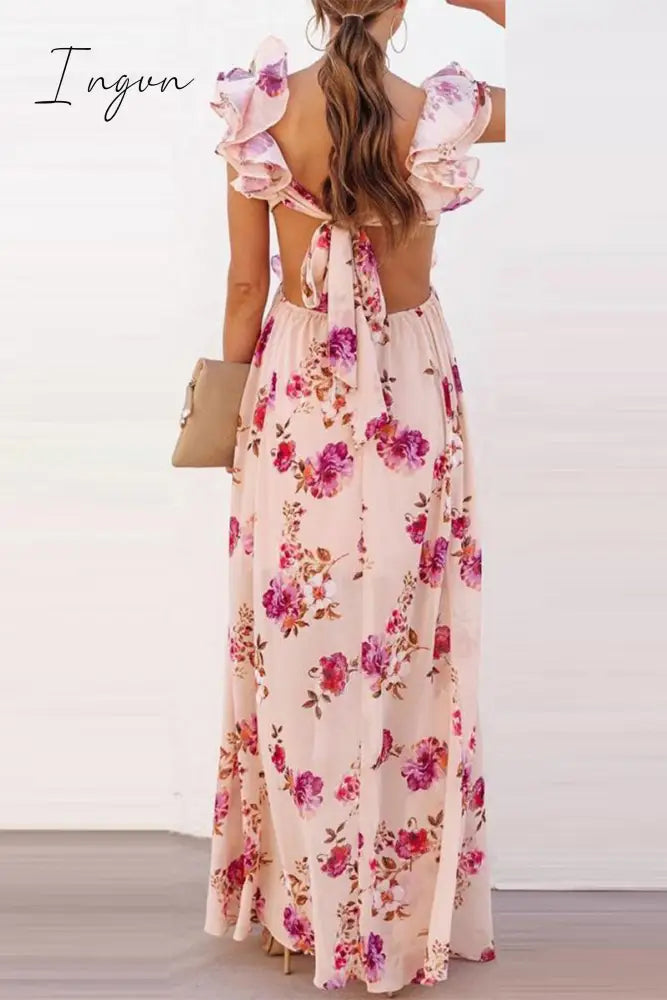 Ingvn - Sexy Floral Backless Flounce V Neck Printed Dress Dresses