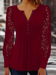 Vibrant Lace Accent Pleated Front Long Sleeve T-Shirt - Chic Button V Neck, Casual Everyday Wear, Soft Fabric, Flattering Fit, Women's Stylish Clothing for Daily Life