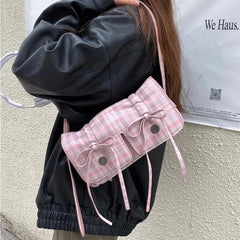 Ingvn  Plaid Pink Womens Shoulder Bag Pleated Casual Sweet Cute New Fashion Leather Handbag Literary Exquisite Designer Armpit Bag