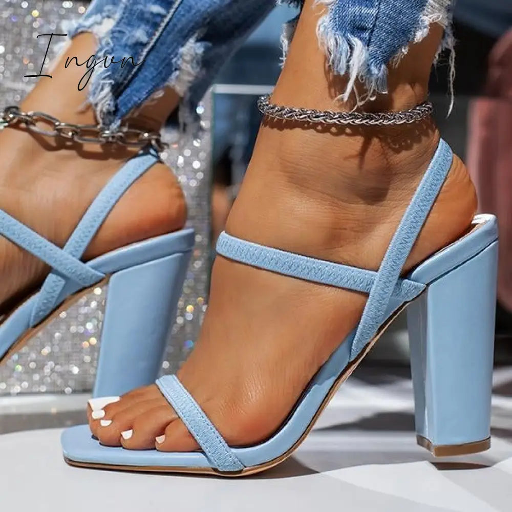 Ingvn - Elastic Straps Squared Toe Chunky Heels
