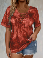 Women'S Plus Size Tie Dye Print Short Sleeve T-Shirt, Casual Loose Fit Tee with Lace-Up Drape Neck, Polyester 95% Spandex 5% Knit Fabric, Medium Stretch, Spring/Summer Pullovers, 175g/m² - Purple