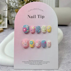 Cute Rabbit Handmade Press on Nails Fake Nails Short Round Head Manicure Nail Art Kawaii False Nails Full Cover Finger Tips Girl