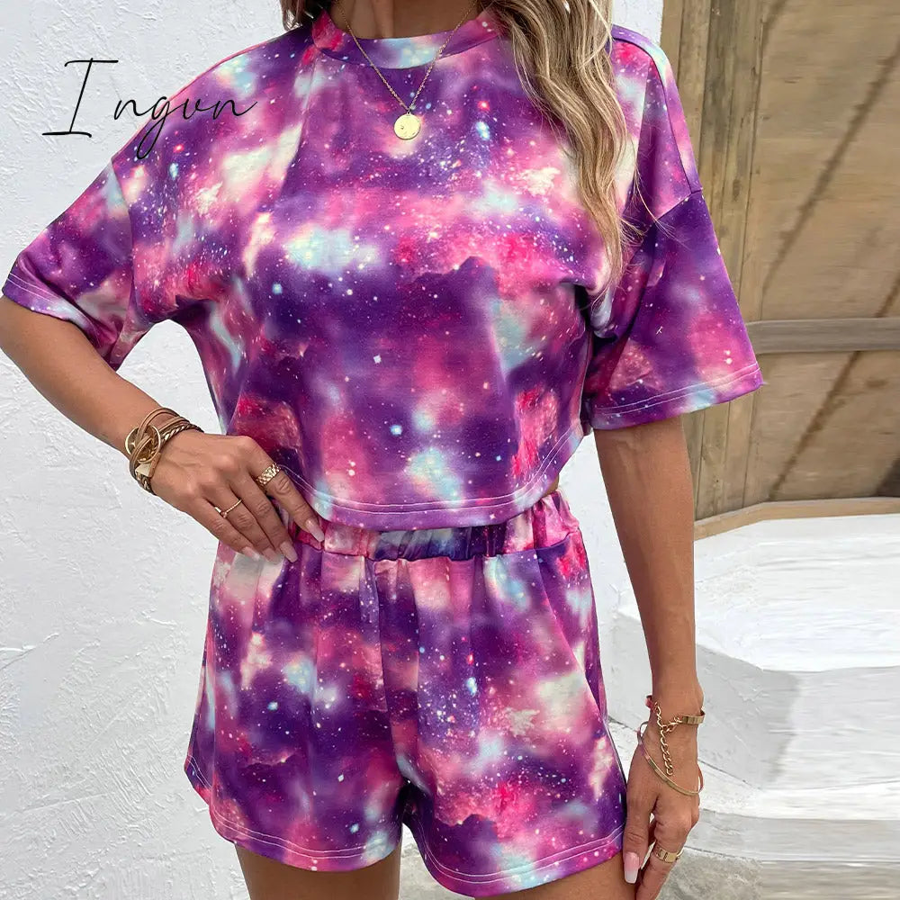 Ingvn - Tie Dye Round Neck Dropped Shoulder Half Sleeve Top and Shorts Set