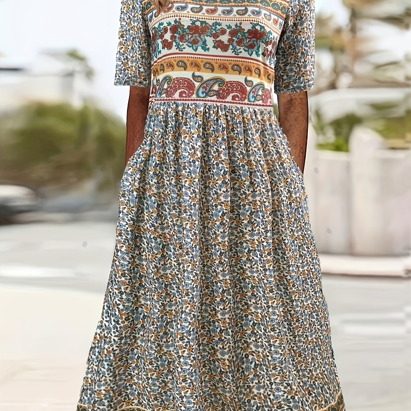 Spring & Summer Must-Have: Women's Breathable Floral Print Dress - Casual Crew Neck with Short Sleeves, Perfect for Everyday & Weekend Outings