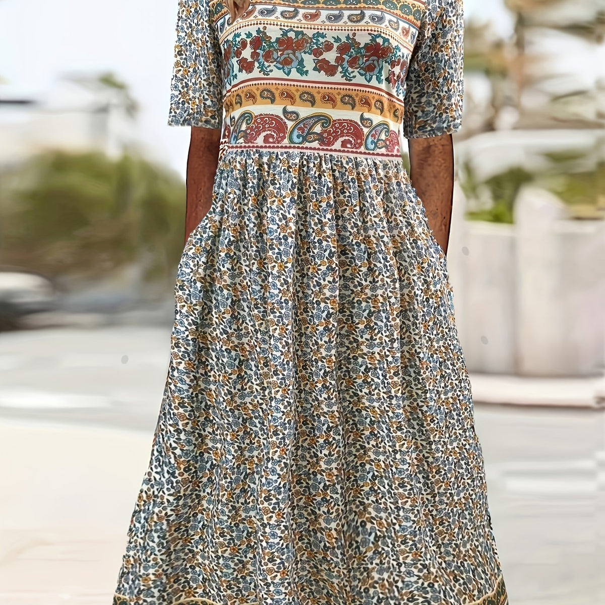 Spring & Summer Must-Have: Women's Breathable Floral Print Dress - Casual Crew Neck with Short Sleeves, Perfect for Everyday & Weekend Outings