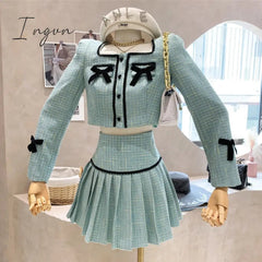 Ingvn - Small Fragrance Tweed 2 Piece Set Women Bow Short Jacket Coat + Skirt Suits Korean Sweet Outfits French Vintage Two Piece Sets