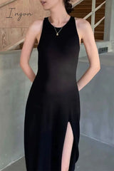 Ingvn - Sexy Solid Slit O Neck Sleeveless Dress Dresses