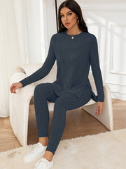 Casual Ribbed Knit Two-piece Set, Split Hem Long Sleeve Top & Slim Pants Outfits, Women's Clothing