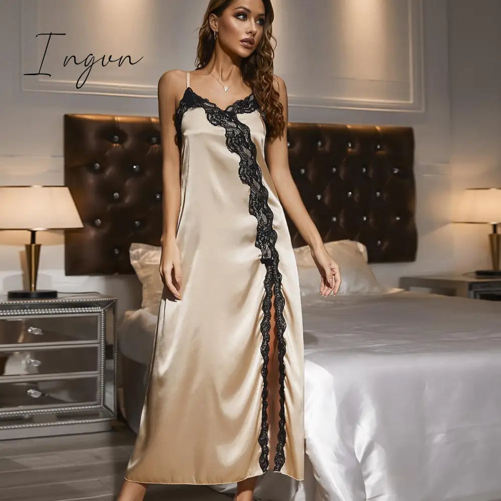 Ingvn - Nightdress Women's Summer Split Lace Suspenders Imitation Silk Pajamas Home Clothes