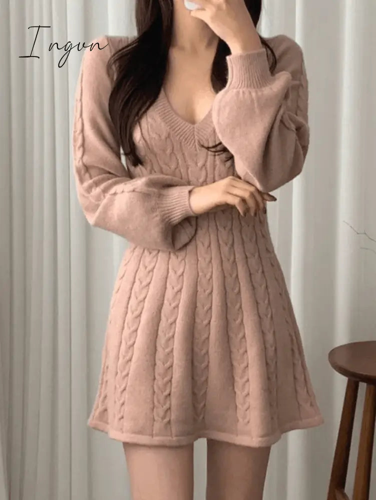 Ingvn - V Neck Cable Knit Long Sleeve Mini Dress