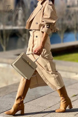 Ingvn - British Style Elegant Solid Pocket Buttons Turndown Collar Long Sleeve Two Pieces