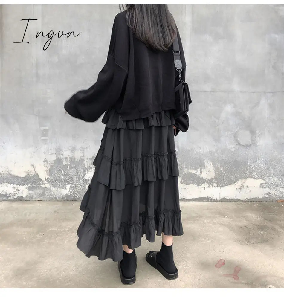 Ingvn - Midi Long Skirts Womens Maxi Skirt Goth Lolita Summer High Waisted Asymmetrical High Low Ruched Ruffle Skirts rok