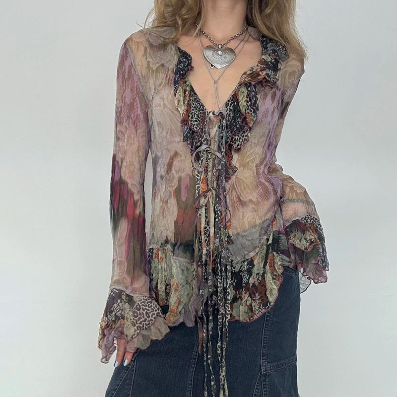 Vintage Transparent Crop Top with Slit 90s Mesh Print Ruffles Patchwork Full Sleeve Bandage Women T-shirt Grunge y2k Tees