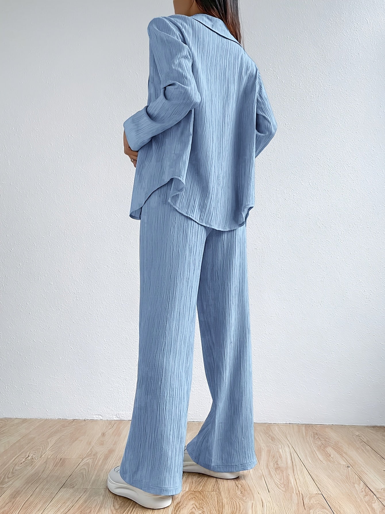 Stylish Solid Color Pantsuits - Women's Clothing - Long Sleeve Button Front Collared Shirt, Elastic Waist Wide Leg Pants, Comfortable Outfits for Daily Wear, Office, Party, and Casual Occasions