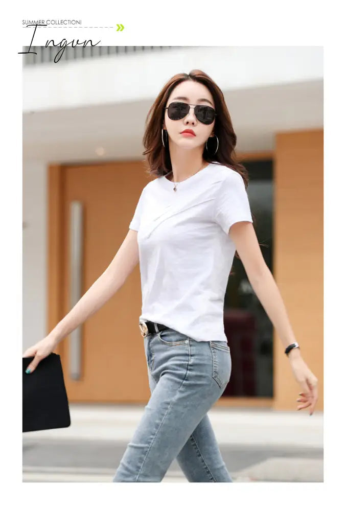 Ingvn - Short Sleeve Summer Women Ribbed Cotton Tee-Shirts Female Button Loose Casual Fashion T-shirts Blue O-Neck Korea Tops S-3XL