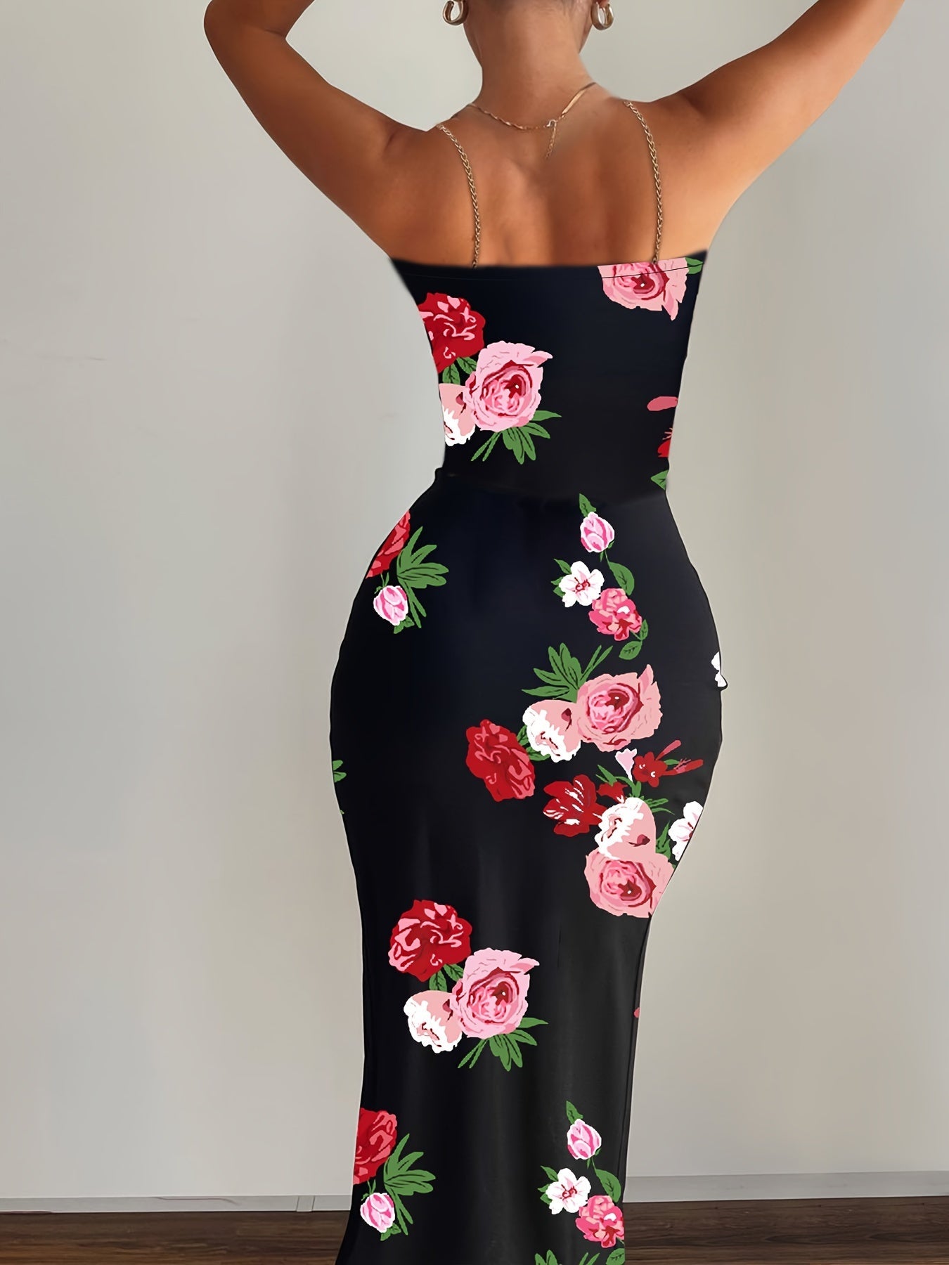 Flirty Floral Print Chain Strap Dress - Alluring Cut Out, Sleeveless Bodycon Style - Adjustable Fit for Womens Fashion