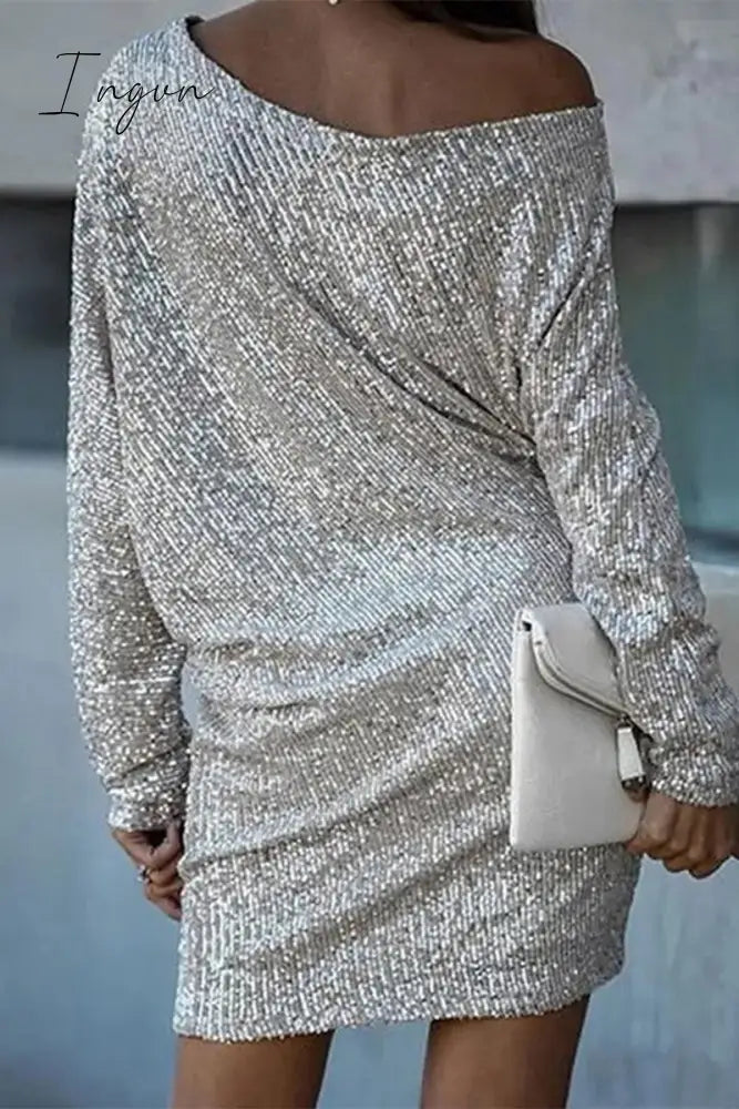 Ingvn - Elegant Solid Sequins Oblique Collar A Line Dresses