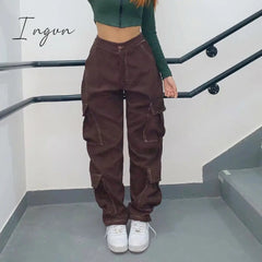 Ingvn - Women Spring Fashion Vintage Brown High Waist Cargo Pants Women Fashion Big Pockets Y2k Patchwork Baggy Jeans Women Harajuku Trousers Streetwear