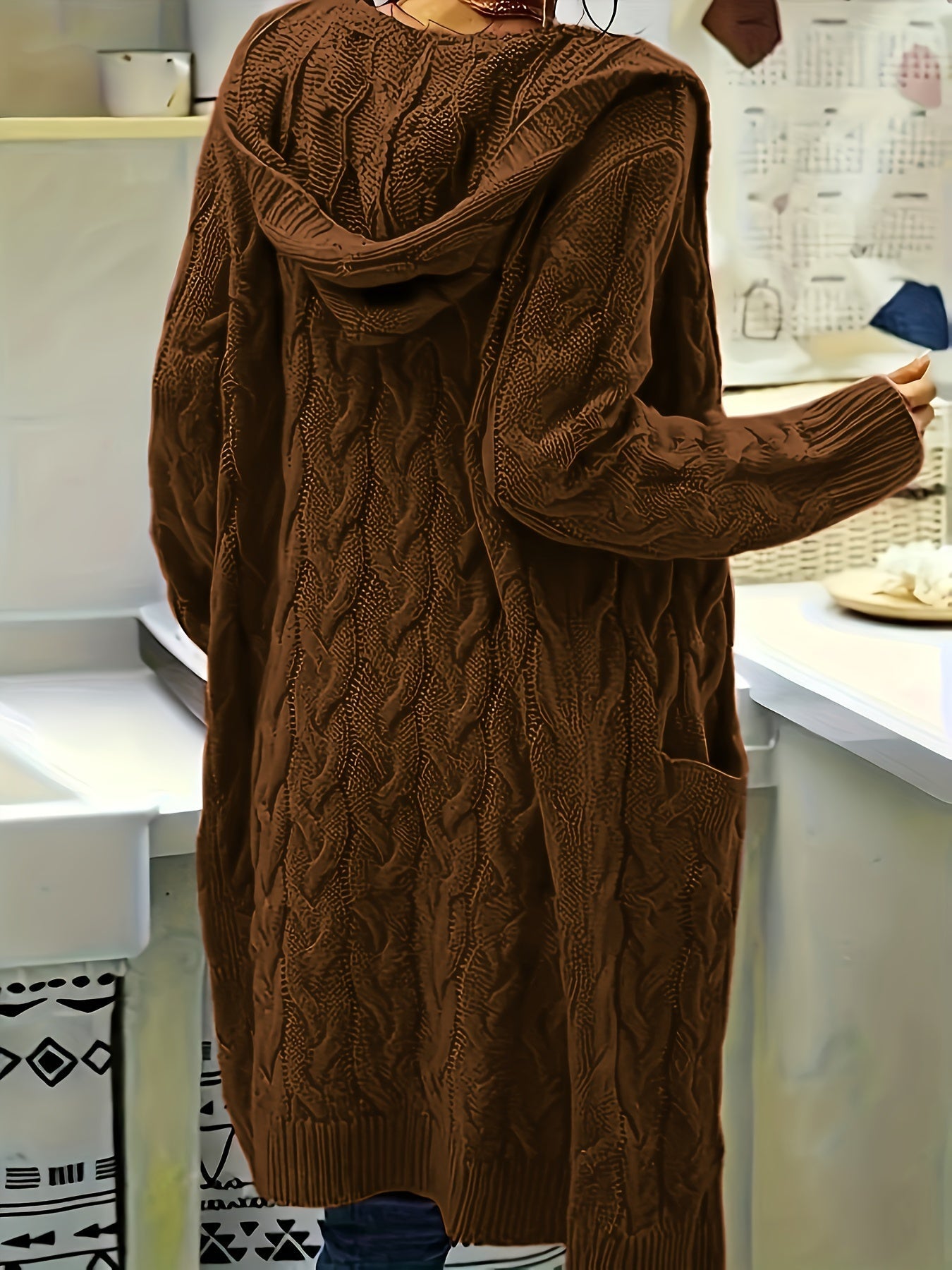 Plus Size Casual Cardigan, Women's Plus Solid Cable Long Sleeve Open Front Hooded Cardigan With Pockets