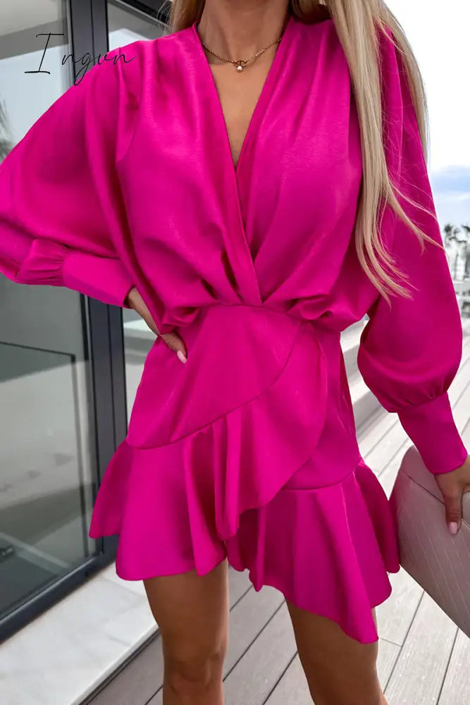 Ingvn - Sweet Elegant Solid Flounce V Neck A Line Dresses