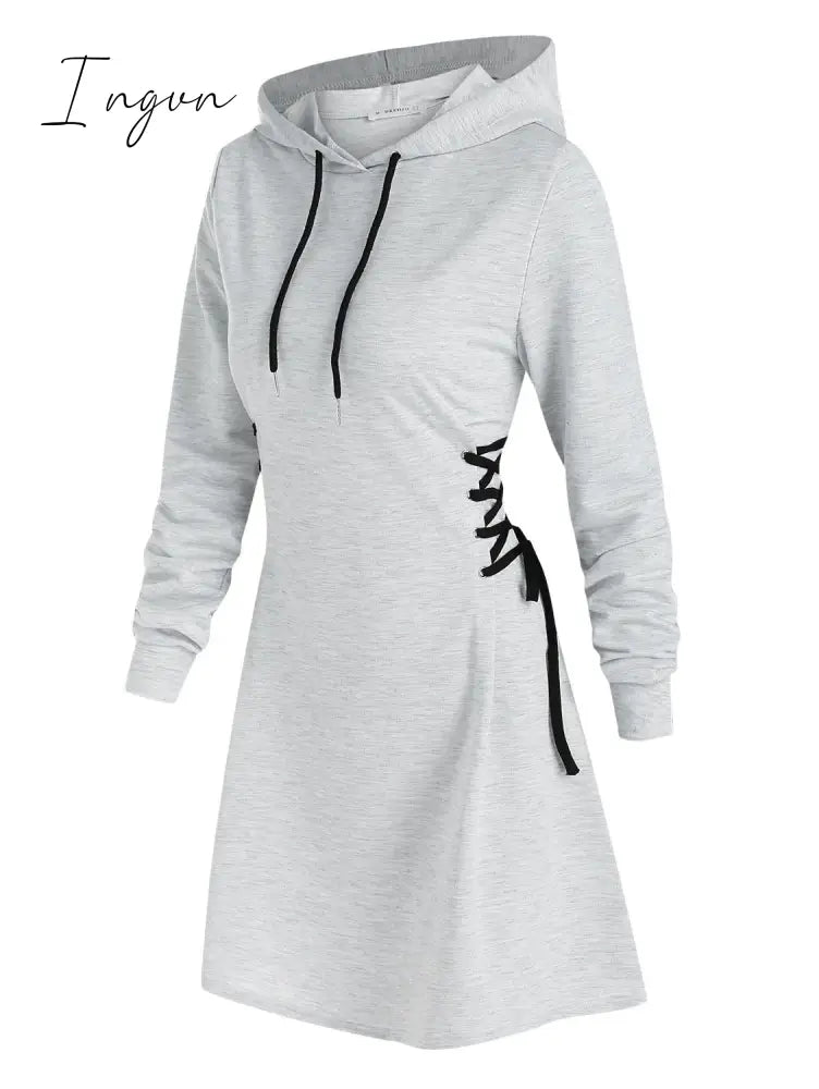 Ingvn - Casual Women Long Sleeve Autumn Dress Drawstring Lace Up Mini Hoodie Dress Vestidos Femme Gothic Fashion Dress Streetwear