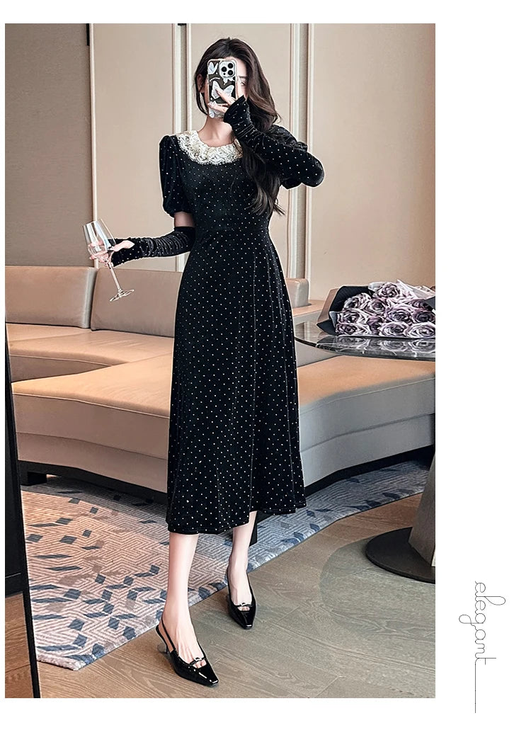 Elegant Fashion Velvet Black Midi Dresses for Women Autumn New Vintage Slim Casual Evening Birthday Party Female Clothing