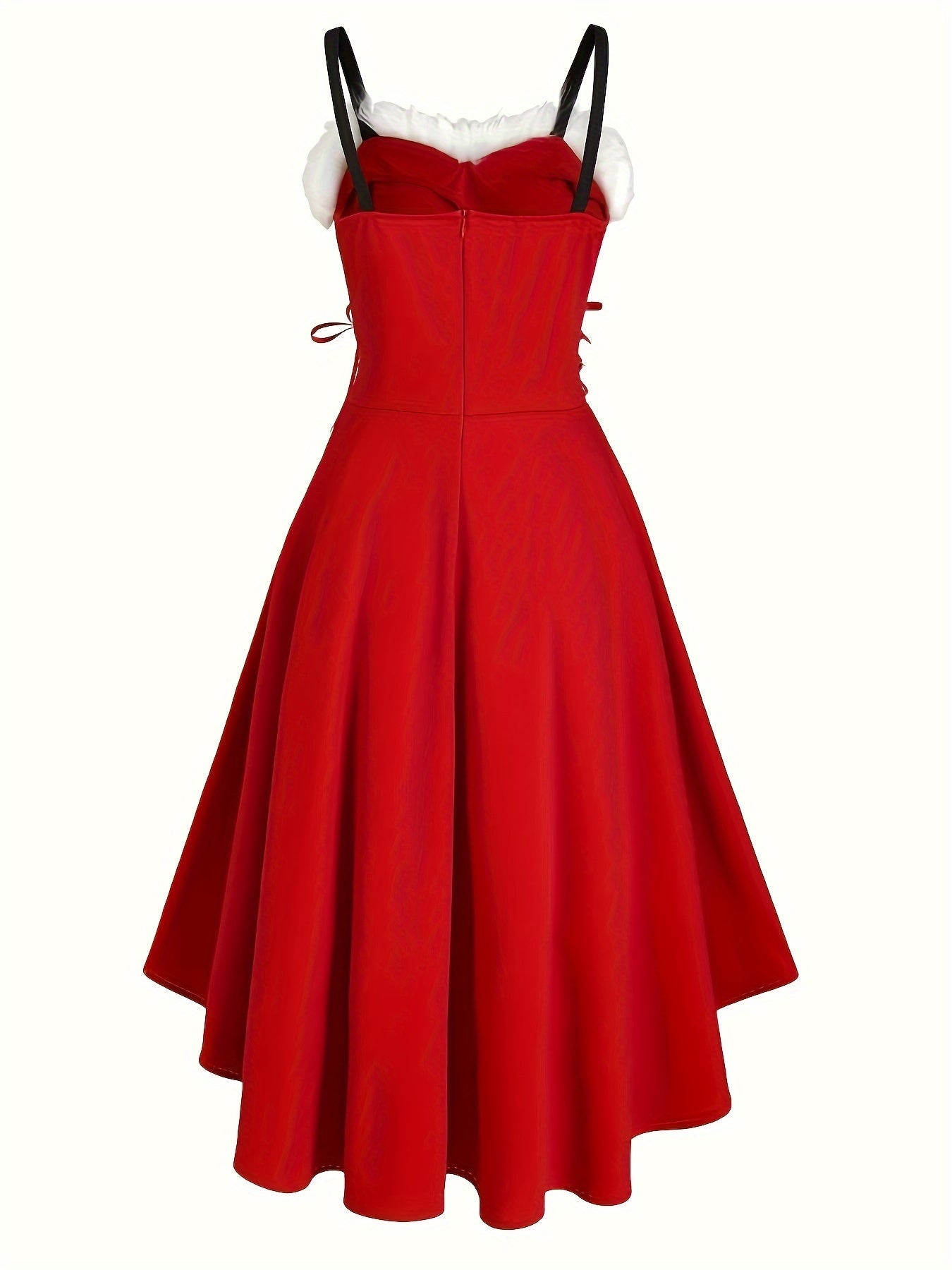 Vintage-Inspired Faux Fur Aline Swing Tank Dress - Contrast Trim, Asymmetrical Hem, Cross Tie Detail, Christmas Party Dress - Women's Clothing, Holiday Season Fashion