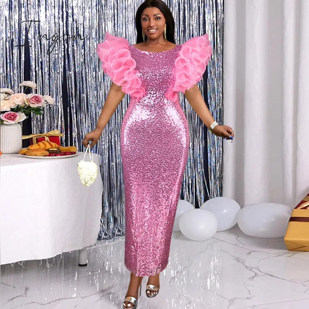 Ingvn - Women Pink Sequin Dress Puff Ruffle Sleeve Bodycon Sparkly Dress Elegant Party Club Birthday Wedding Night Robe Big Size 3XL 4XL