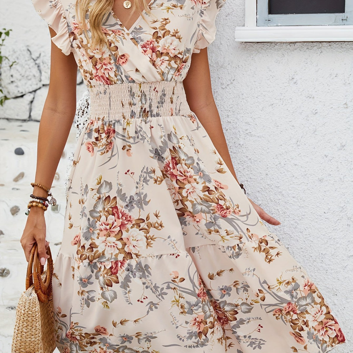 Elegant Peplum A-Line Dress with Crisscross Neck - Shirred Waist, Micro Elasticity, Semi-Sheer, Floral Random Print - Machine Washable, Customized, Spring/Summer Womens Clothing