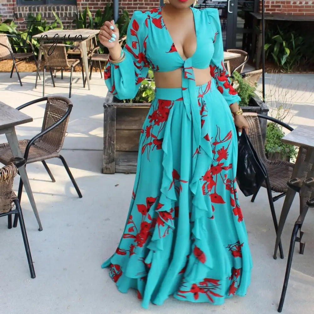 Ingvn - Summer Fashion African Women Long Sleeve V-neck Polyester Printing Yellow Orange Green Two Pieces Sets Top and Long Skirts