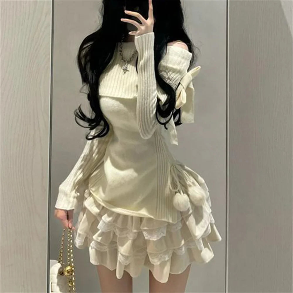 Voguable Autumn Winter Woman Kawaii Sweet 2 Piece Set Off Shoulder Bow Knitted Tops + Mini Cake Skirt Female Korean Fashion Casual Suits