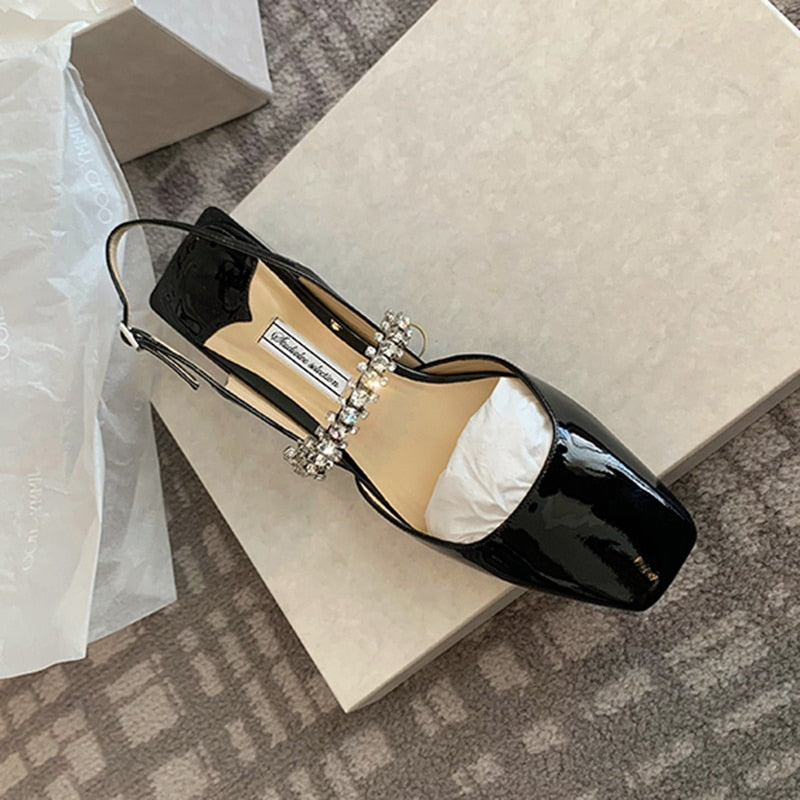 Rimocy Shining Sequins Square Heels Sandals Women Fashion Crystal Strap Party Shoes Woman Sqaure Toe Bling Low Heeled Pumps