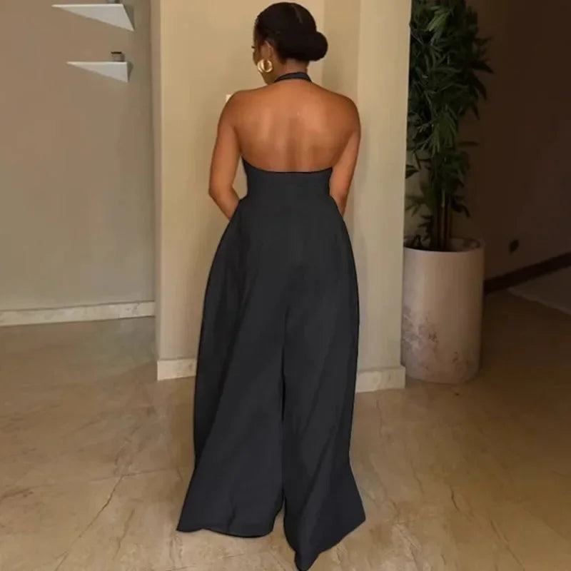 Sexy Halter Backless Wide Leg Jumpsuit Woman Sleeveless V-neck Elegant Romper Corset High Waist One Pieces Overalls Club Outfits