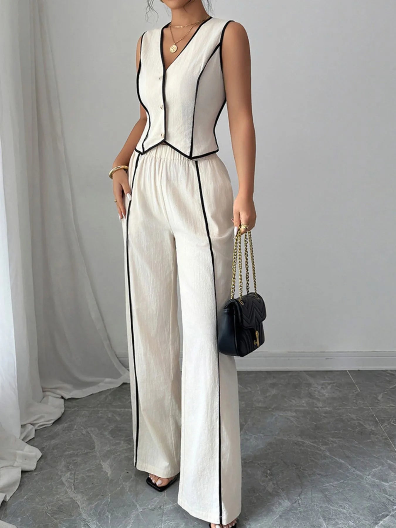 Contrast Trim V-Neck Vest and Pants Set