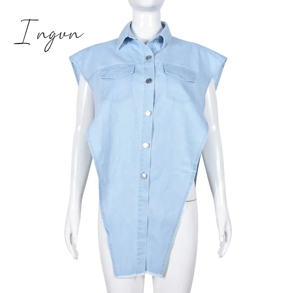 Ingvn - Side Hollow Out Denim Shoulder Length Vest Sexy Irregular Long Tops Shirt Collar Single-Breasted Trend Casual Streetwear